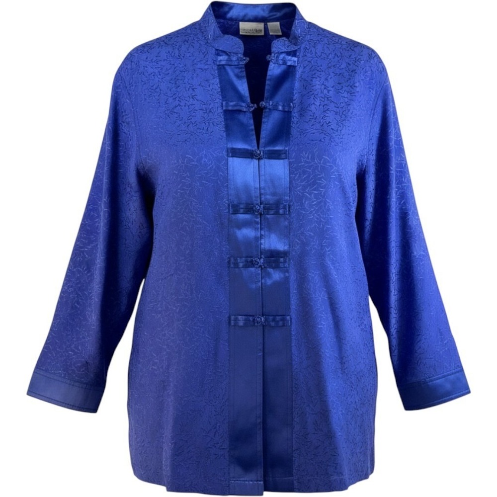 Chico's Jacket Womens Blue Silk Blend Jacquard Frog Closure Mandarin Size 1